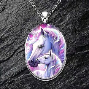 Silver Oval Shaped UNICORN Pendant Necklace